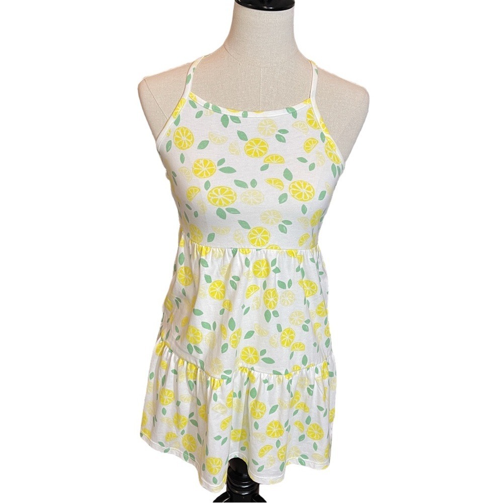 Cat & Jack Lemon Print Dress Kids‎ L 10/12 White Good Tiered Halter Sundress